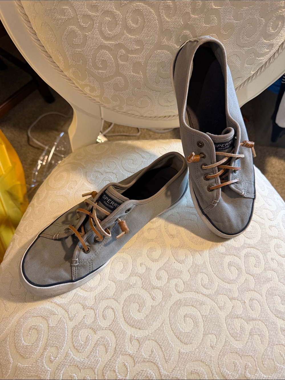 Sperry Light Gray Canvas Boat Shoe Sneakers with Brown Laces